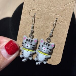 Cute Resin Grey Tabby Cat Dangle Tail, Hook Earrings - Super Cute Kitty Earring